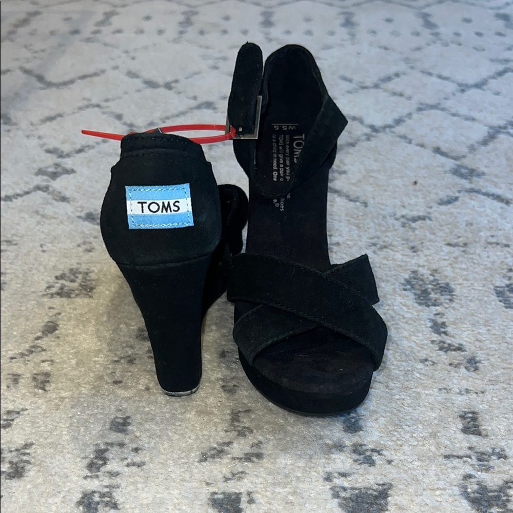 TOMS Black Suede Open-Toe Wedge